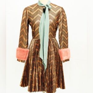 GUCCI BRONZE ZIGZAG DRESS BLUE BOW PINK FUR CUFFS